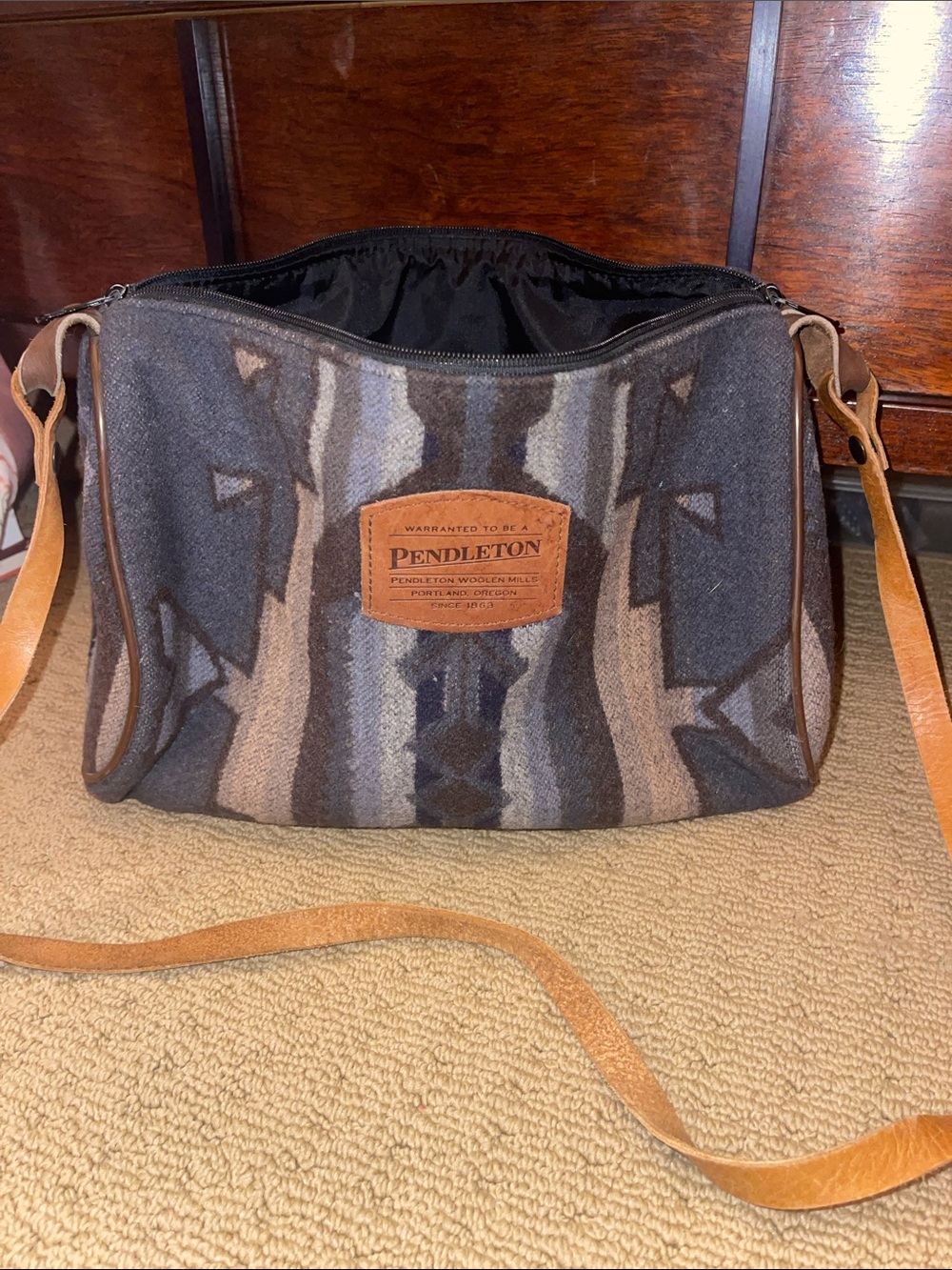 Pendleton Gray and Tan Aztec Wool Crossbody with Leather Strap